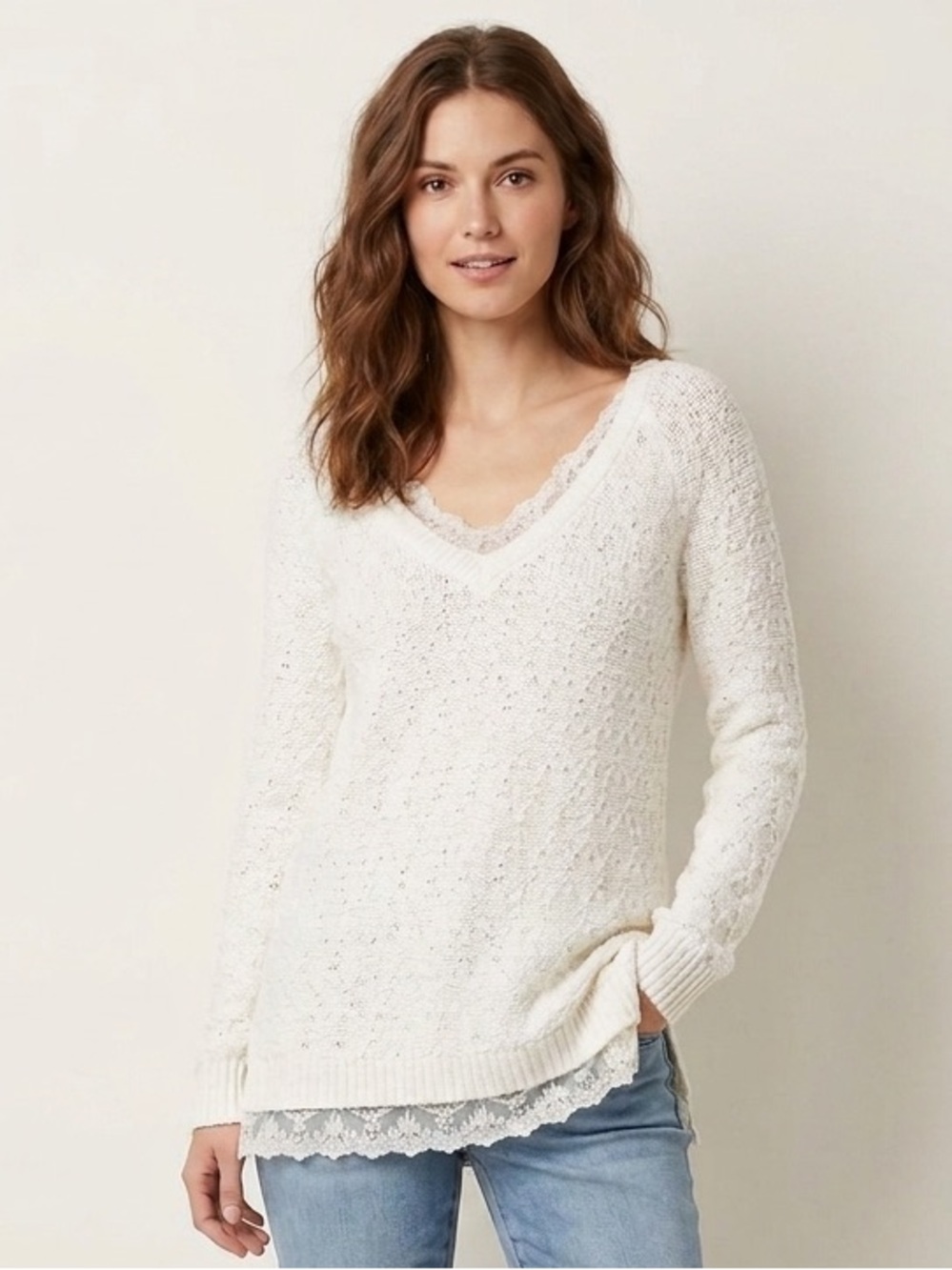 Knitted & Knotted Ivory V-Neck Knit Sweater with Lace Trim, Women’s Size Medium